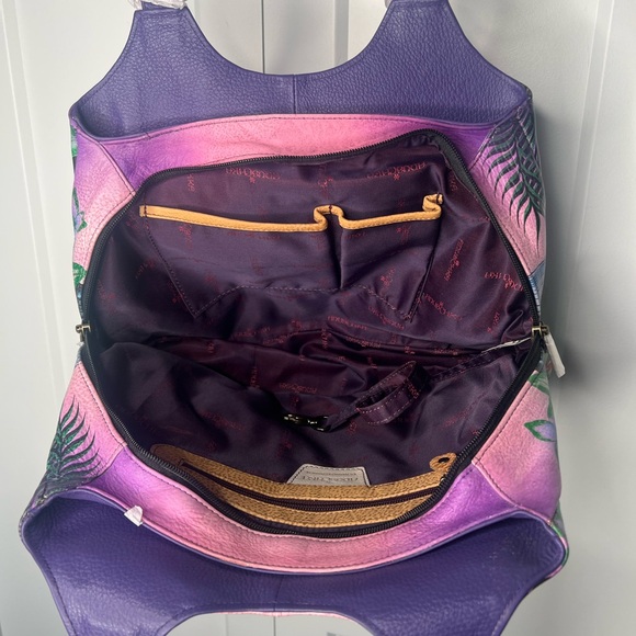 Anuschka Tropical Flamingo Leather Medium Hobo Shoulder Bag NWT with Dust Bag - Picture 5 of 6